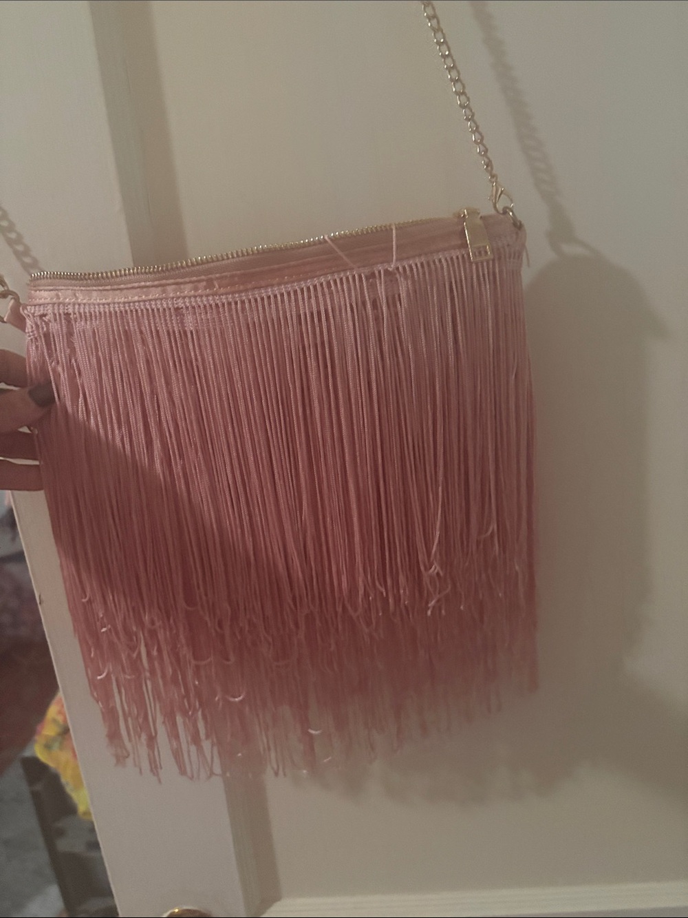Fringed Pink Crossbody Bag with Gold Chain Strap